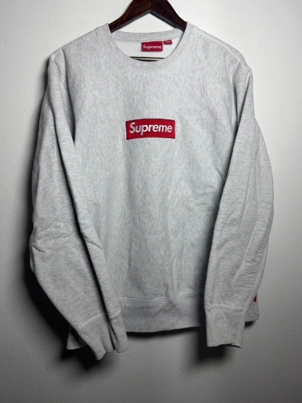 Supreme Light Gray Crewneck with Red Box Logo